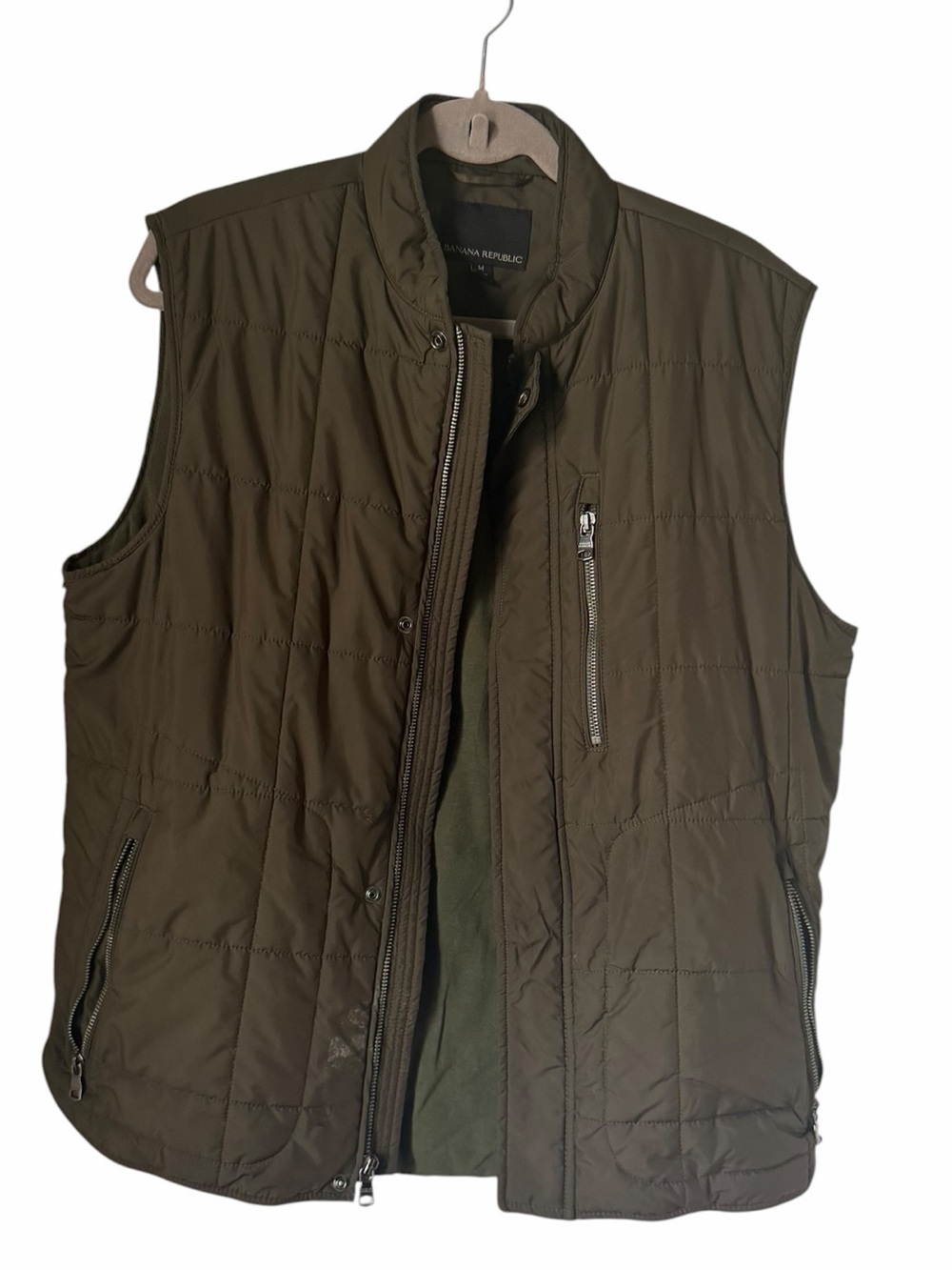 Banana Republic Men's Quilted Olive Vest Jacket Zip Pockets Lightweight Fall